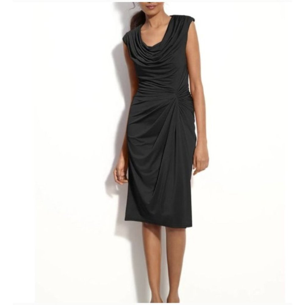 Designer Tadashi Shoji Ruched Cowl Neck Matte Jersey Dress Sz XS Black